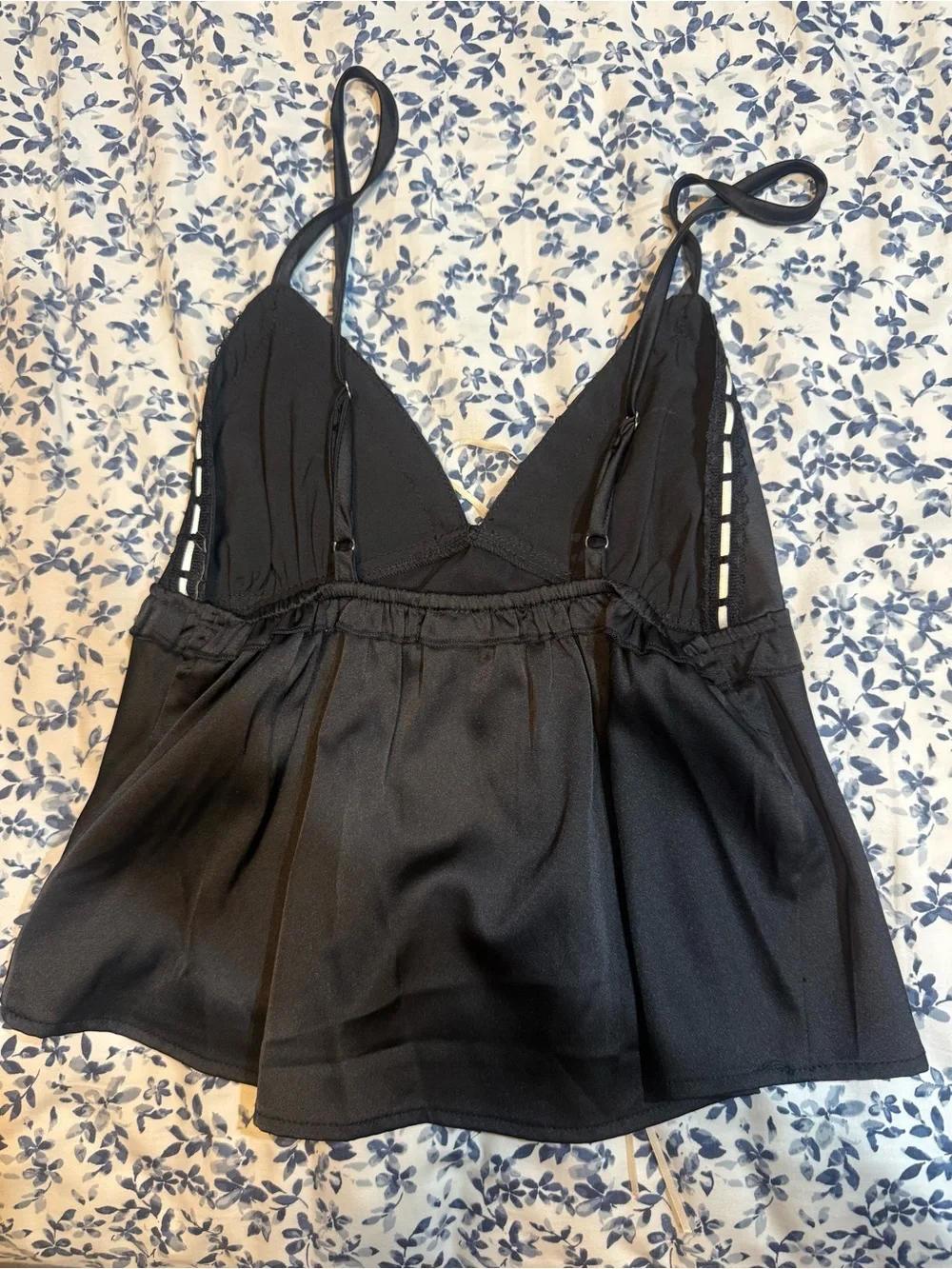 Black Satin Lace-Trim Camisole with Ivory Bow Accent (Never Worn)